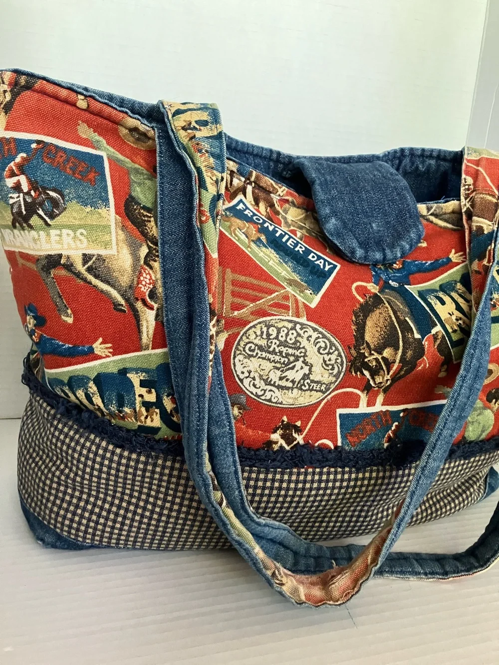 The Neat Vtg Western‎ Print Red Fabric Tote Bag with Denim Trim 17x13” Wyoming